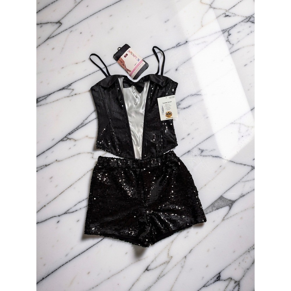 Spirit Halloween Tuxedo Corset Sequin Shorts Fishnets Costume Set Black White L